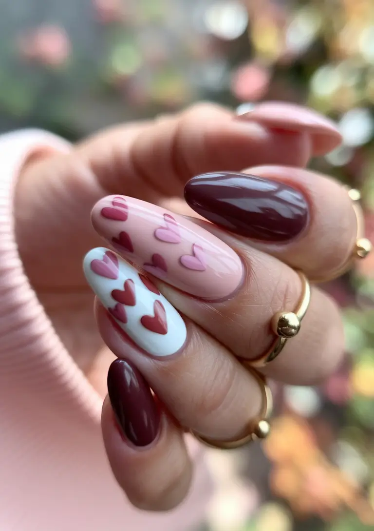 September 2025 Nail Colors Shades Heart-Dotted Burgundy Almond