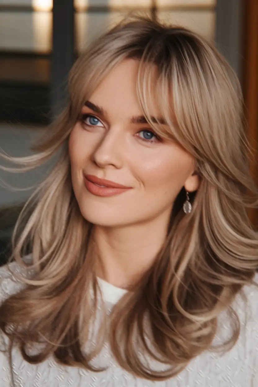 september hair color ideas blonde Feathered Blonde Layers with Soft Curtain Bangs