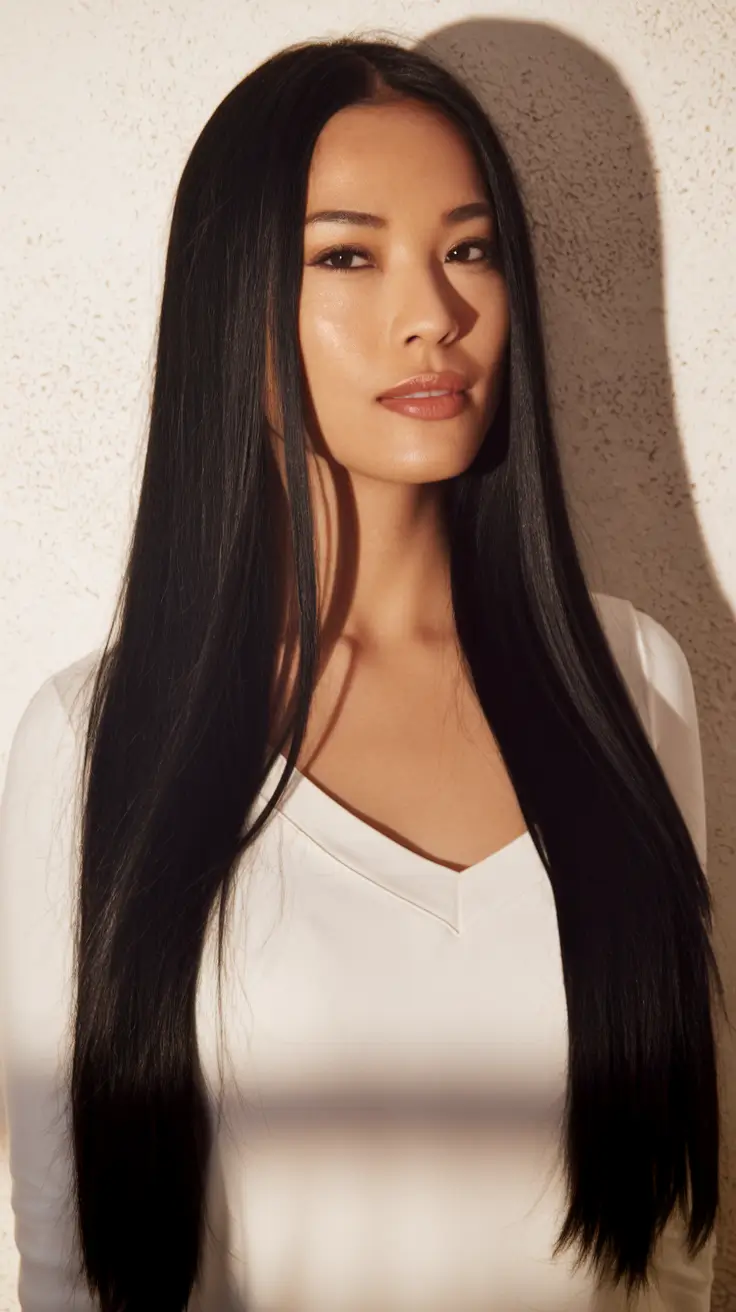 september hair color ideas brunette long Glossy Ink Black on Long Straight Hair