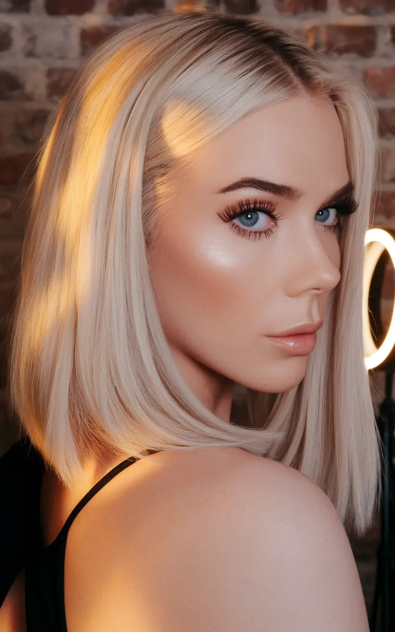 september hair color ideas blonde Sleek Ice Blonde Bob with a Middle Part