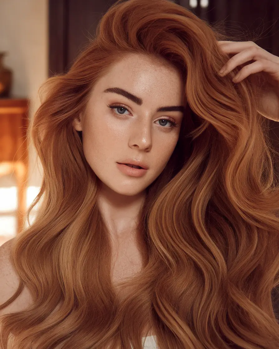 september hair color ideas brunette long Warm Auburn Waves with Voluminous Crown