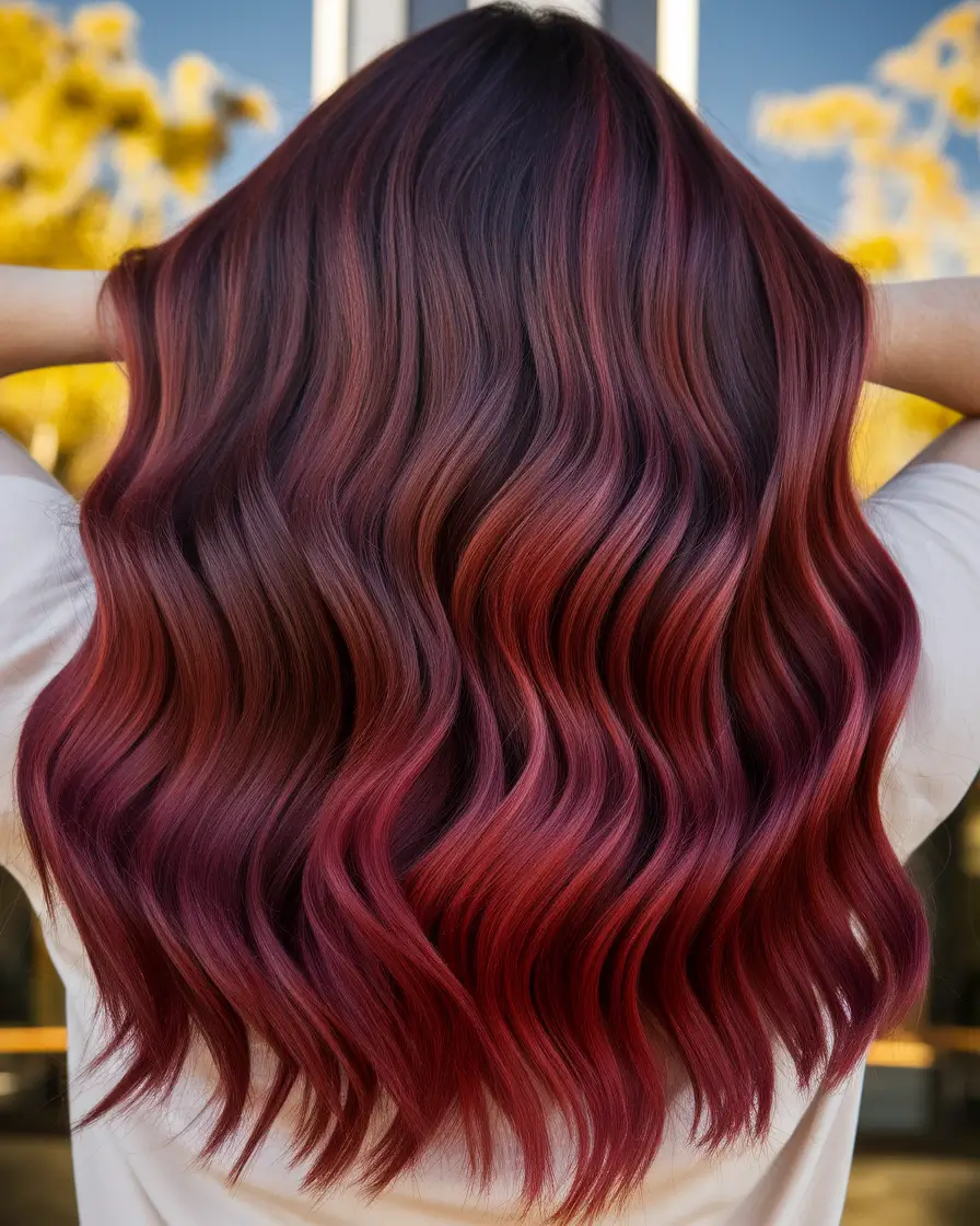 hair colors for september Glossy Berry Red Balayage on Long Waves