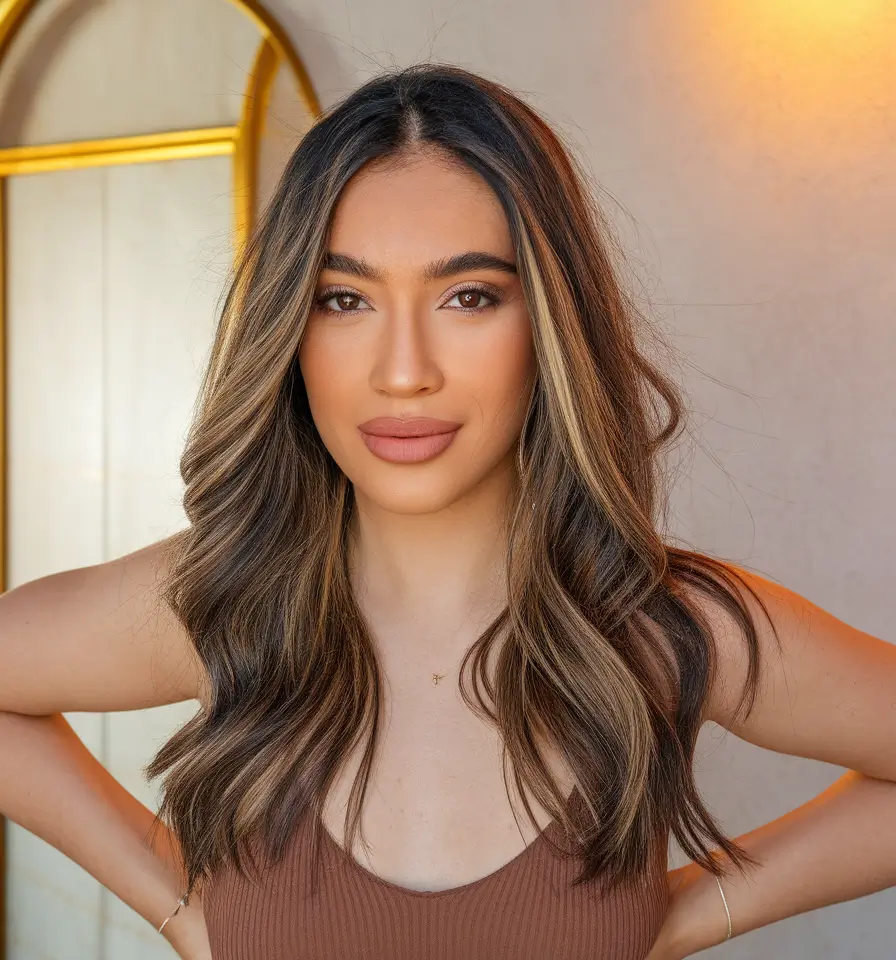 september hair color ideas brunette highlights Golden Walnut Brunette with Light Ribbons