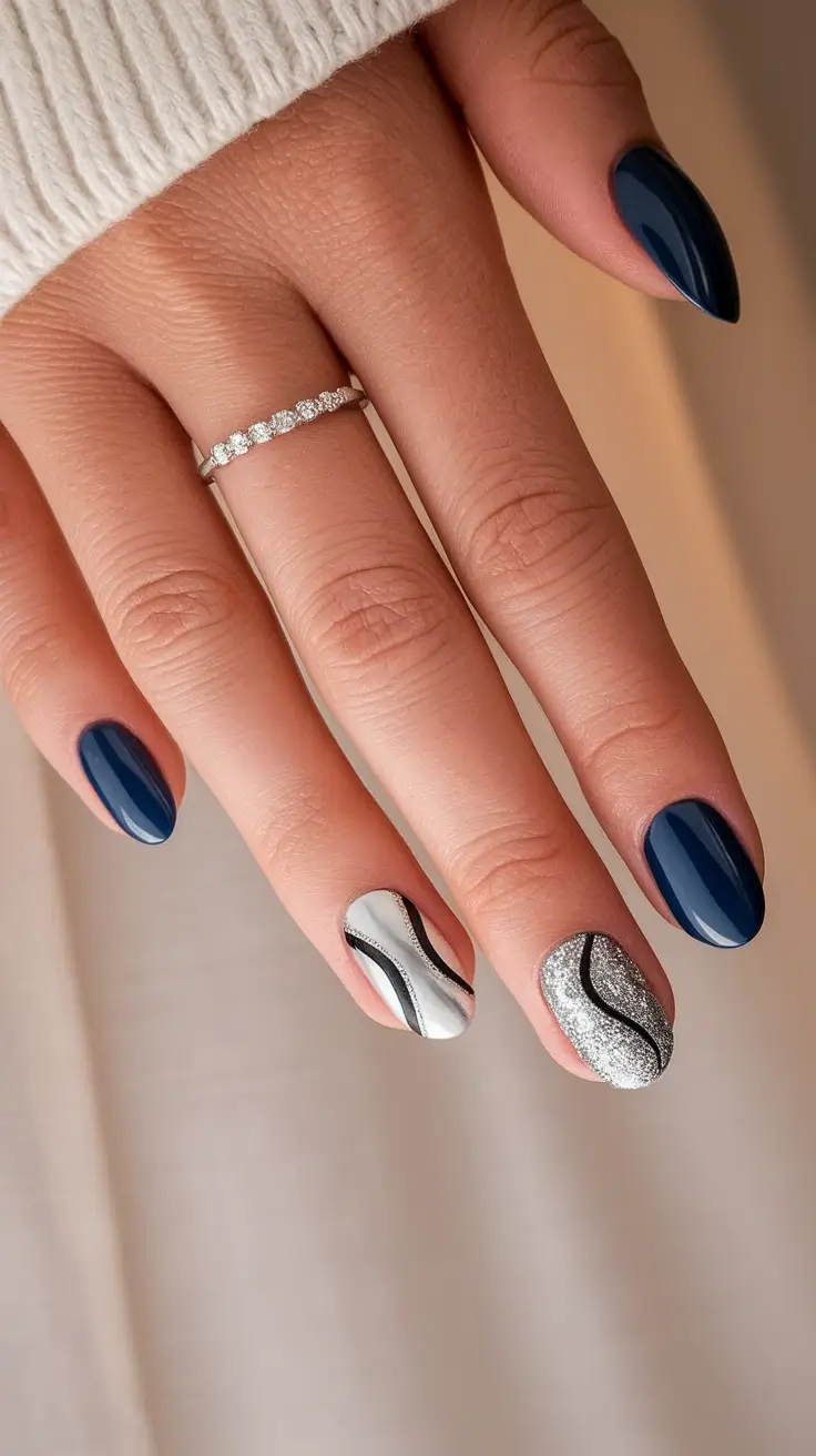 september nails designs Midnight Blue Meets Silver Waves