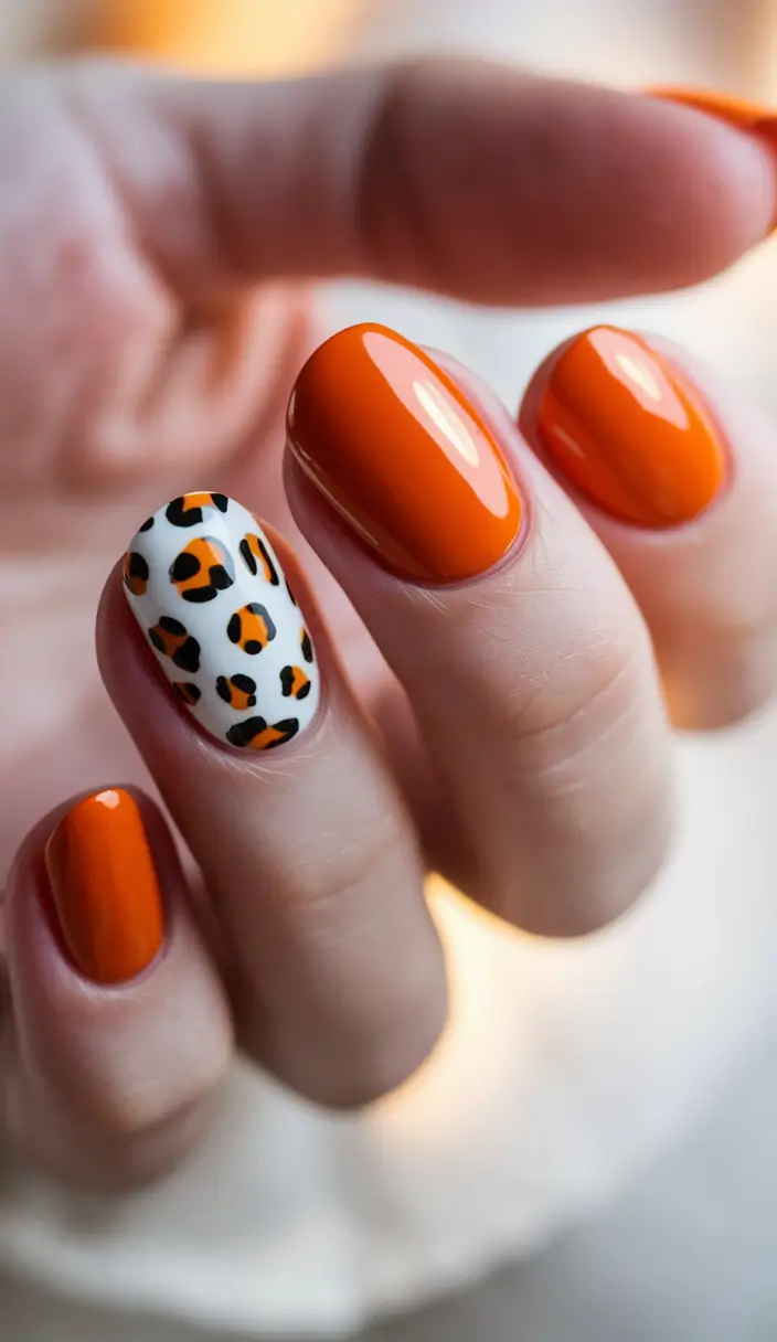 september nails designs Burnt Orange with Leopard Accent