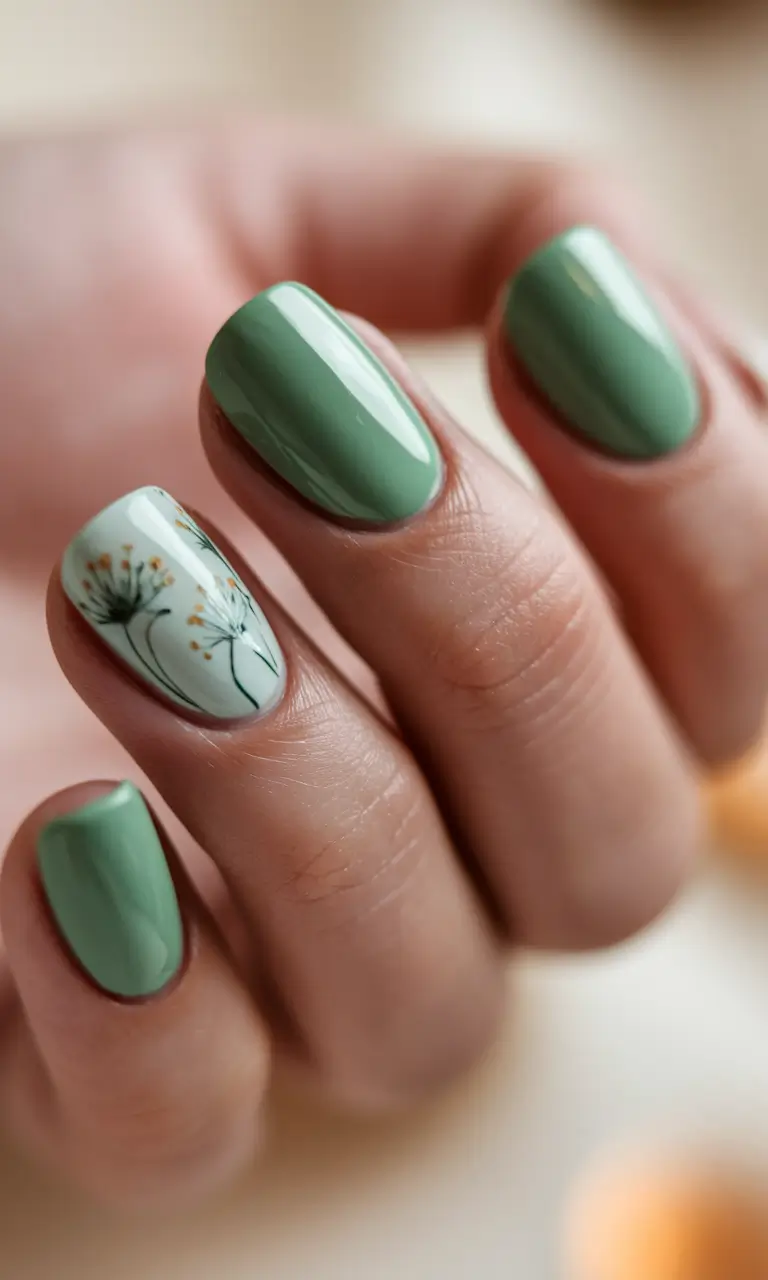 september nails designs Sage Serenity with Delicate Dandelions