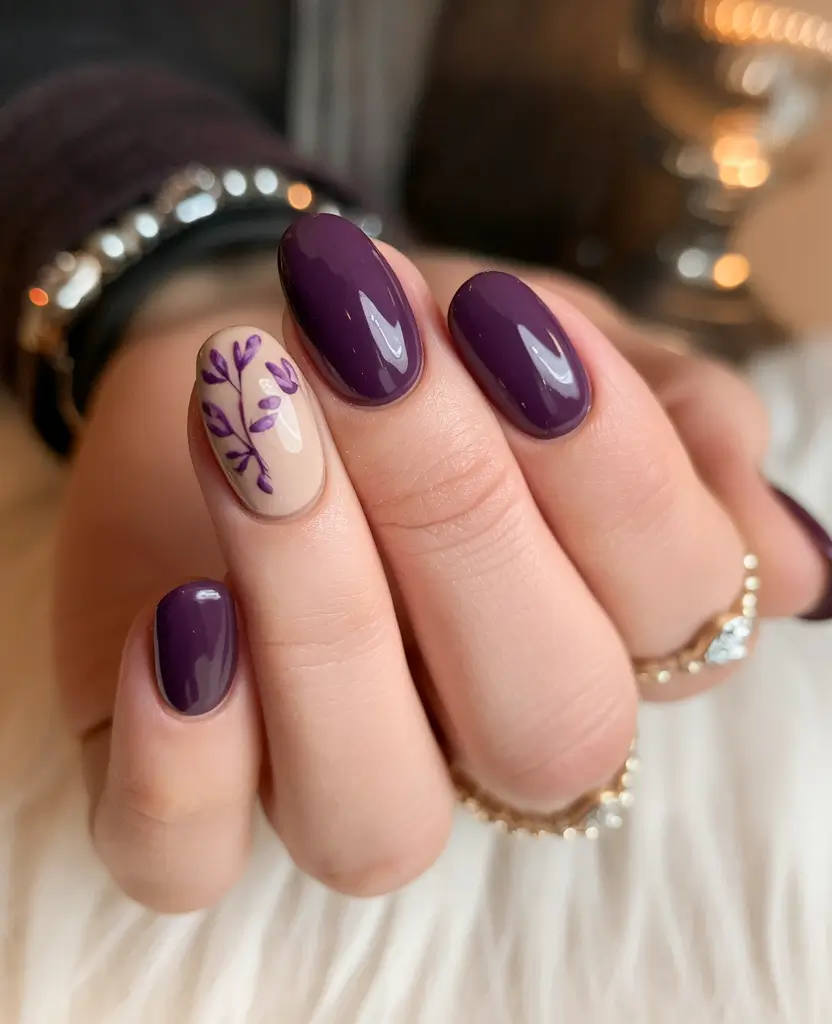 september nails designs Plum & Taupe with Leafy Accent