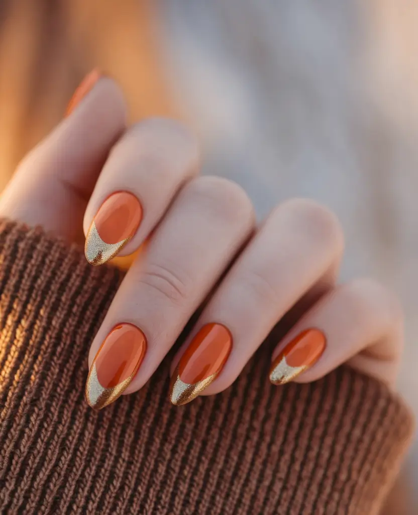 september nails designs almond Burnt Orange with Golden Dipped Tips
