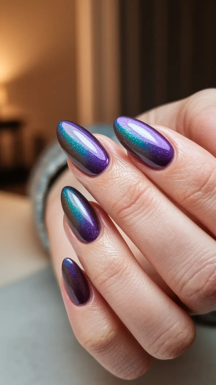september nails designs coffin Shifting Violet and Teal Chrome
