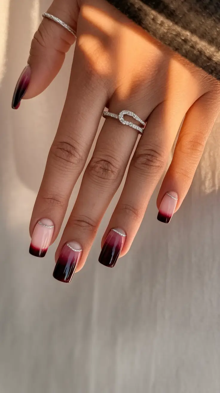 september nails designs red Gradient Burgundy with Glitter Cuticle Detail