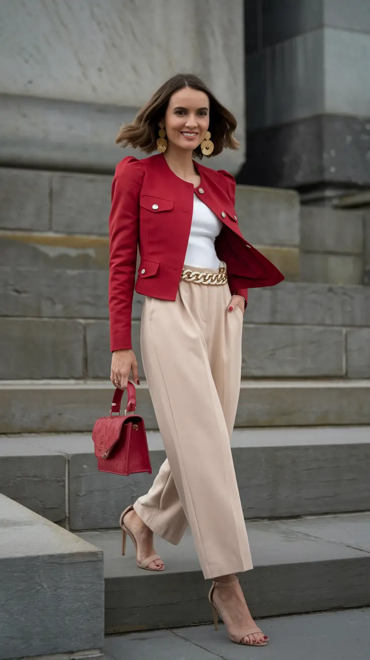 Top Fashion Trends Women for Fall 2025 Crimson Cropped Jacket Meets Luxe Neutrals