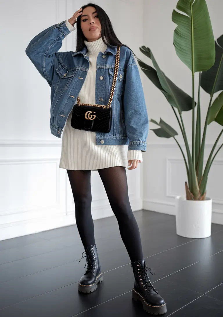 Trendy Fall Fashion outfits for Latina Women in 2025+Denim Jacket & Sweater Dress Duo with Combat Boots