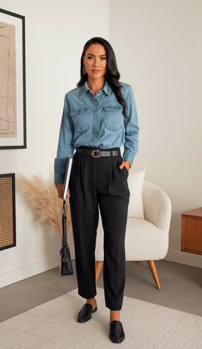 Trendy Fall Fashion outfits for Latina Women in 2025+Denim Shirt & Trousers for Office Chic