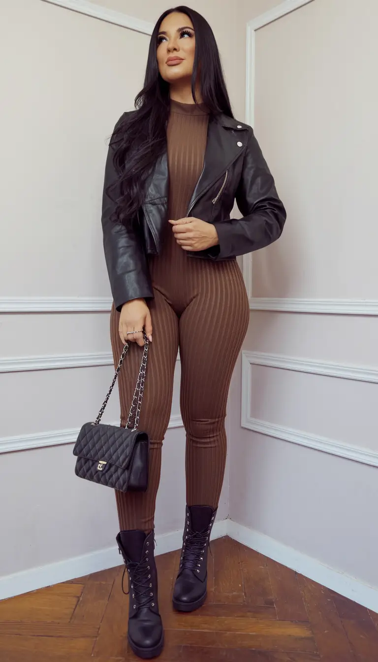 Trendy Fall Fashion outfits for Latina Women in 2025>Moto & Ribbed Jumpsuit for Streetwise Edge