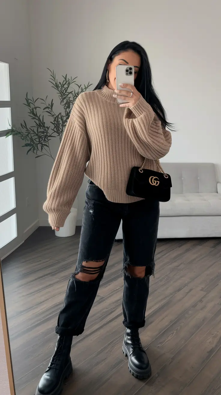 Trendy Fall Fashion outfits for Latina Women in 2025+Chunky Knit & Distressed Denim