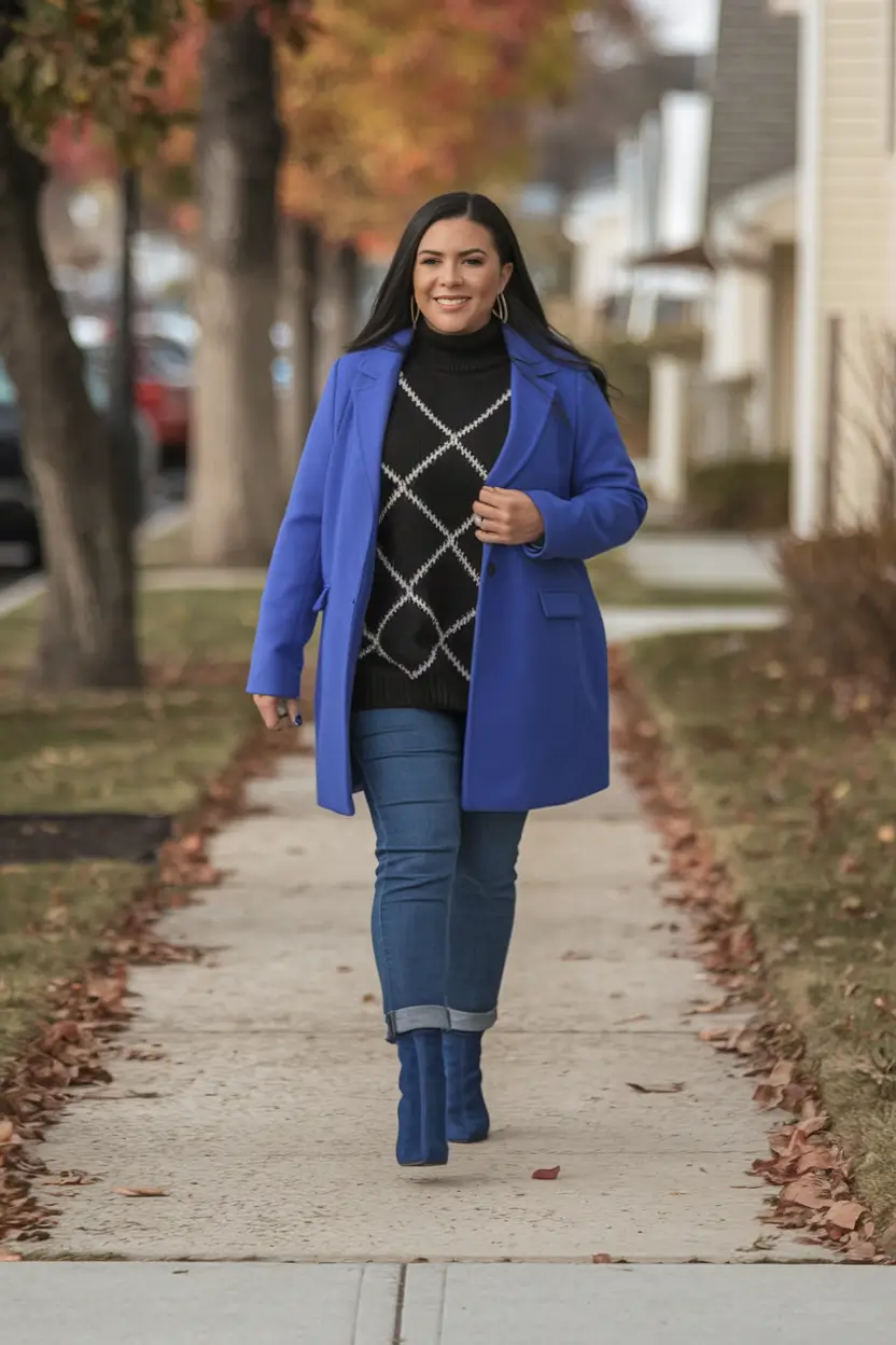 Trendy Fall Fashion outfits for Latina Women in 2025+Winter Royalty in Cobalt Blue and Black Layers