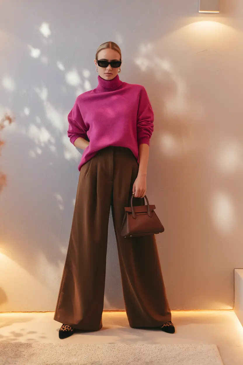 fall fashion outfits Berry Bright Turtleneck & Cocoa Trousers