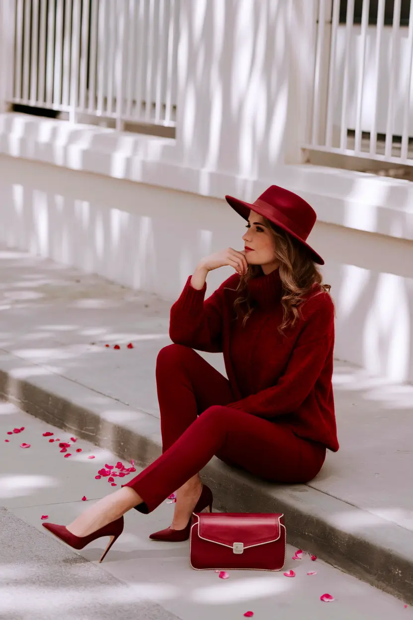 Casual autumn street style women Wine-Red Monochrome Power Move