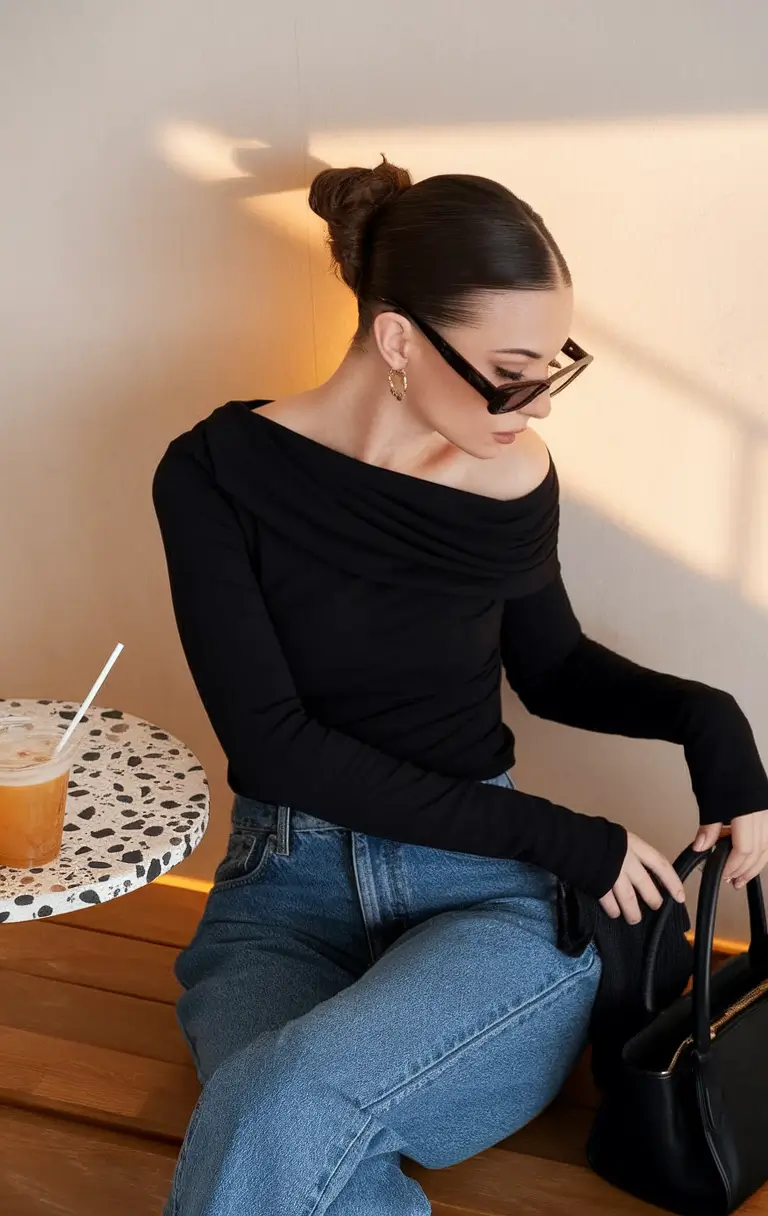 casual autumn street style women Café Noir: Off-Shoulder Knit & Vintage Denim