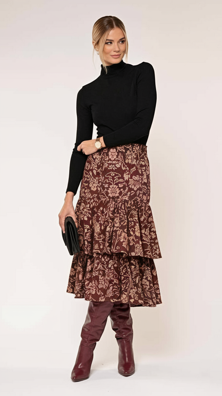 Trendy outfits Picks for the 2025 Fall Season Burgundy Bloom Ruffle Skirt