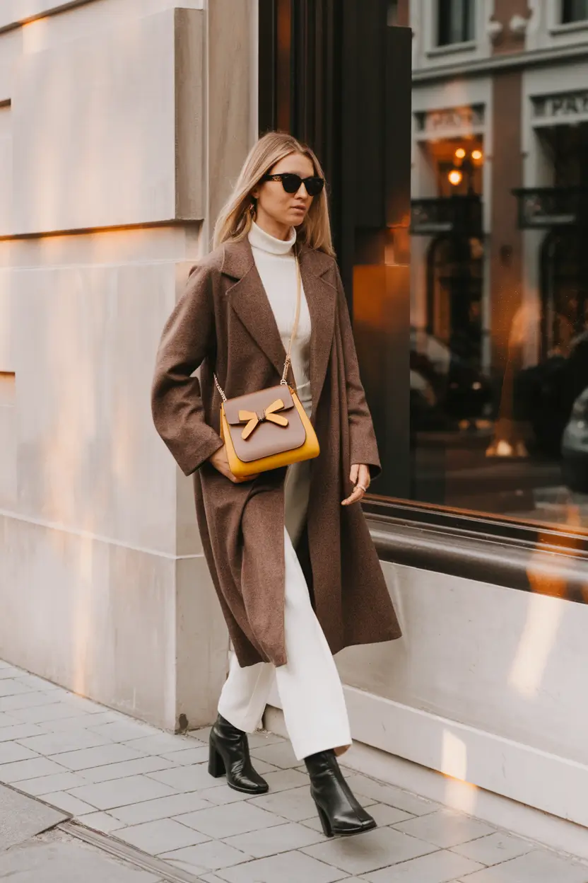 warm fall outfits aesthetic Mocha Duster & Winter-White Layers