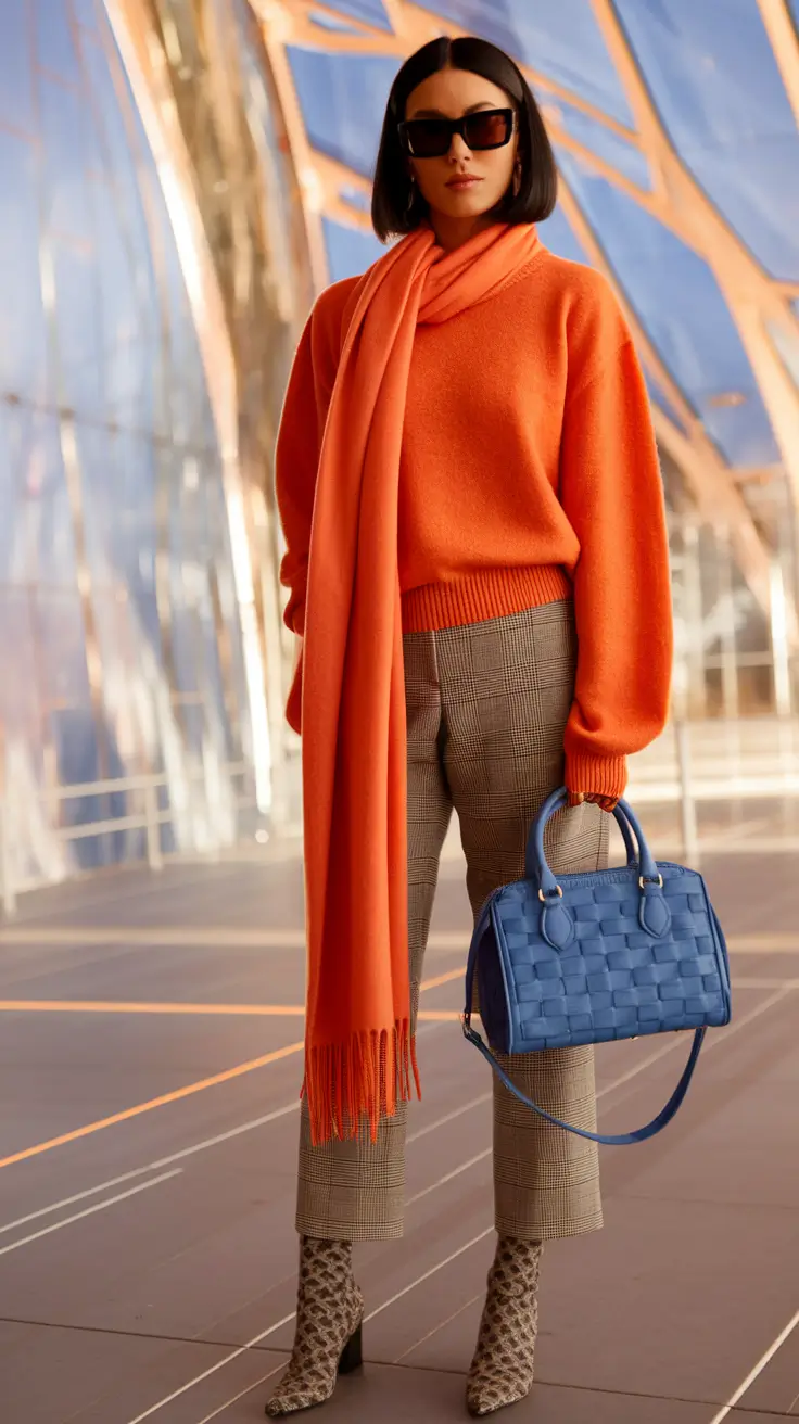 warm fall outfits aesthetic Playful Contrast with Structured Orange