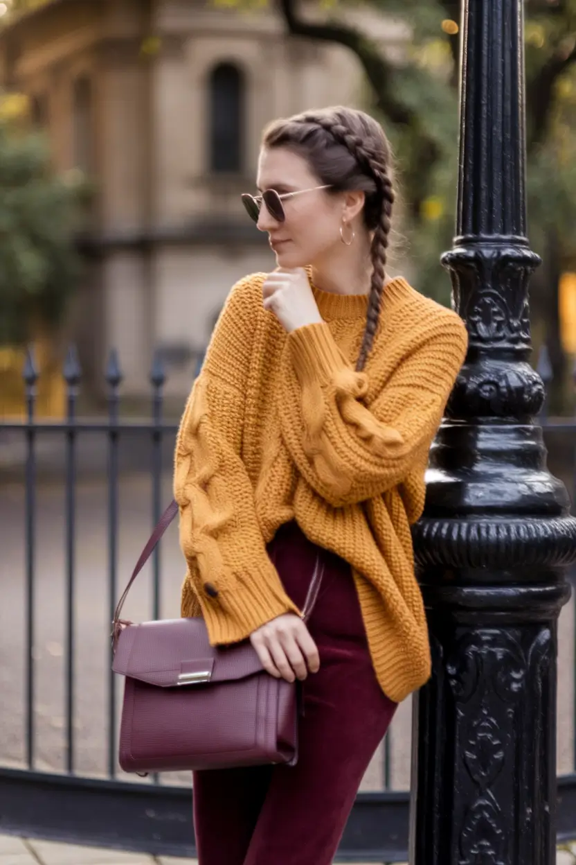 warm fall outfits comfy Cozy Mustard and Berry Layers