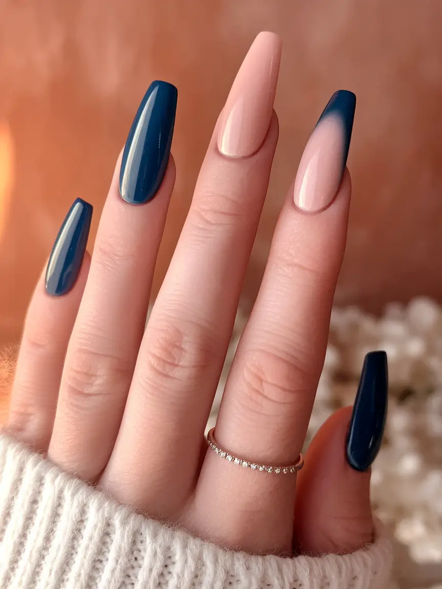 2025 Autumn Nail Designs Dark Blue and Nude French Twist