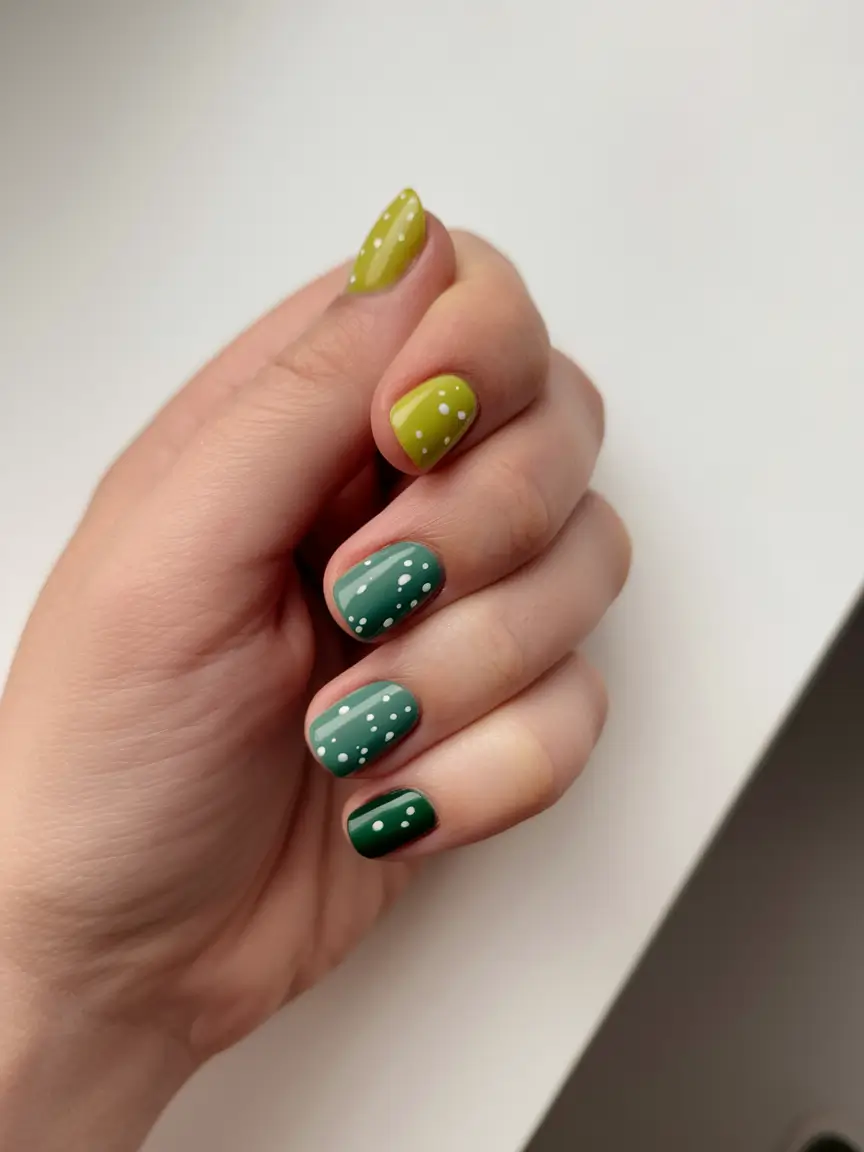 2025 Autumn Nail Designs Two-Tone Green with Polka Dots