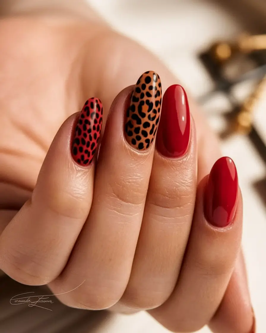 2025 Autumn Nail Designs Red and Leopard Statement Mix