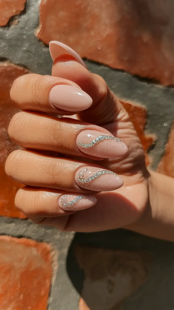 2025 Autumn Nail Designs Soft Nude with Silver Glitter Waves