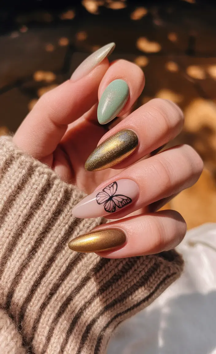 2025 Autumn Nail Designs Metallic Green and Gold with Butterfly Accent