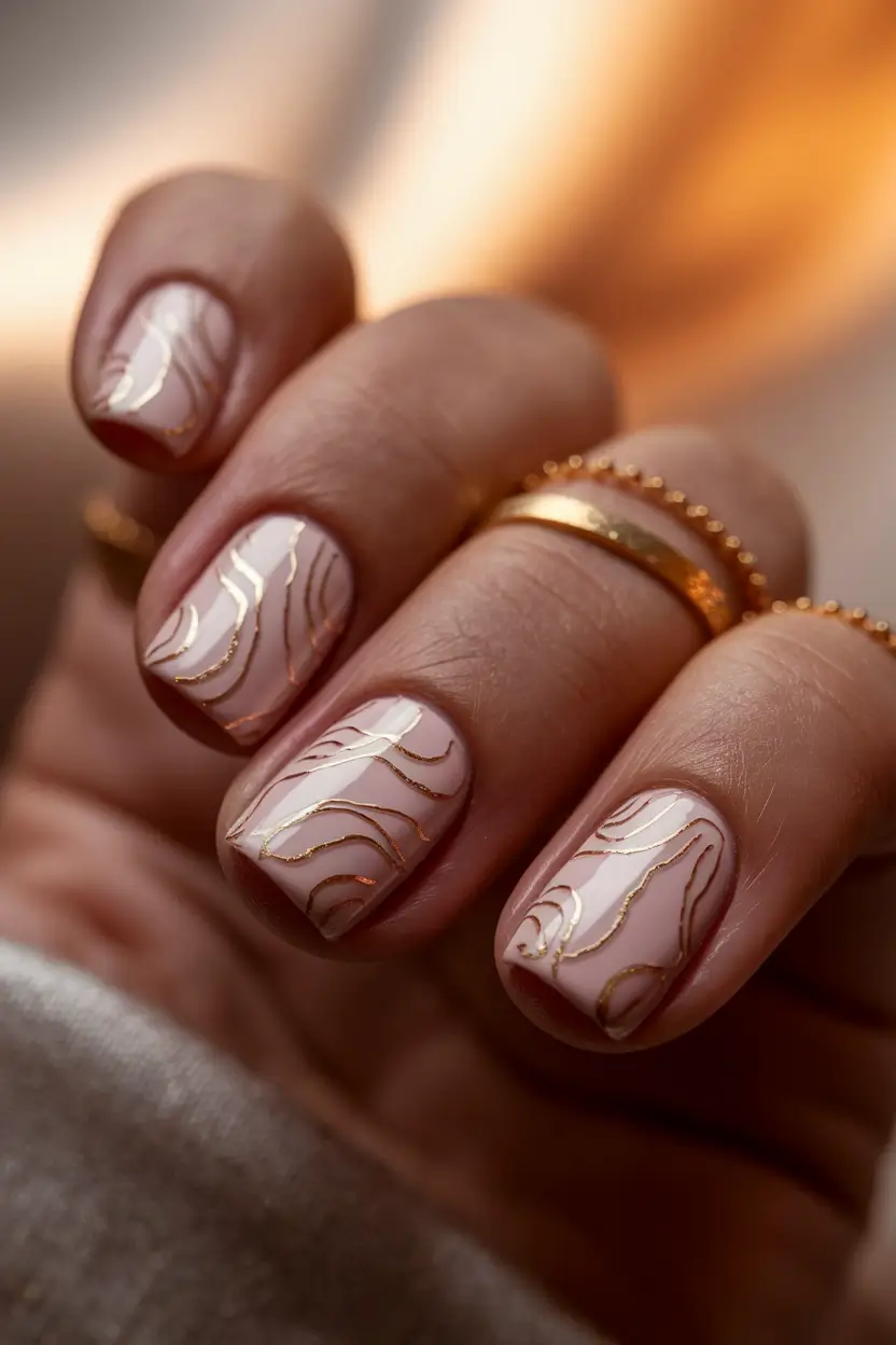 2025 Autumn Nail Designs Minimal Nude with Golden Lines