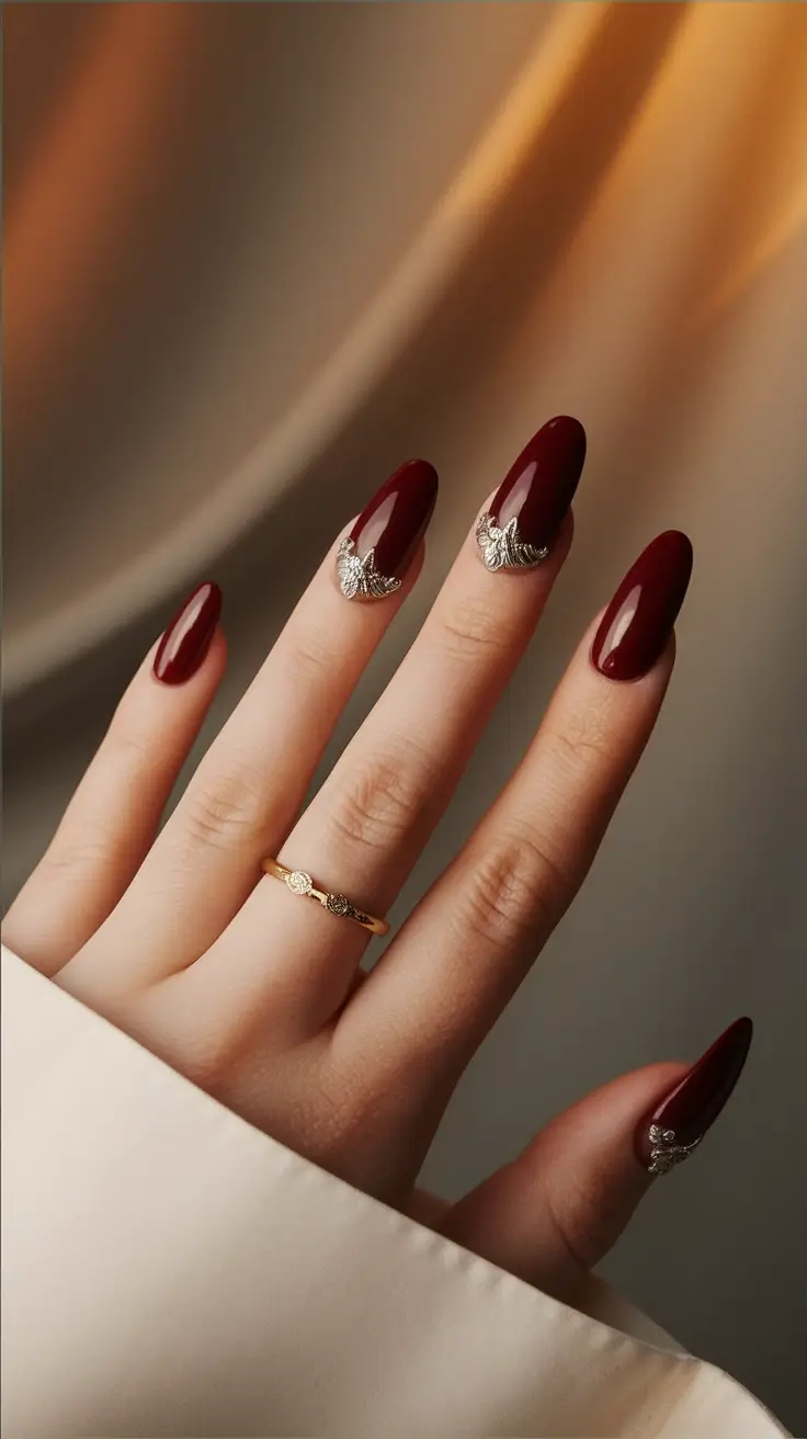 2025 Autumn Nail Designs Deep Burgundy with Silver Accents
