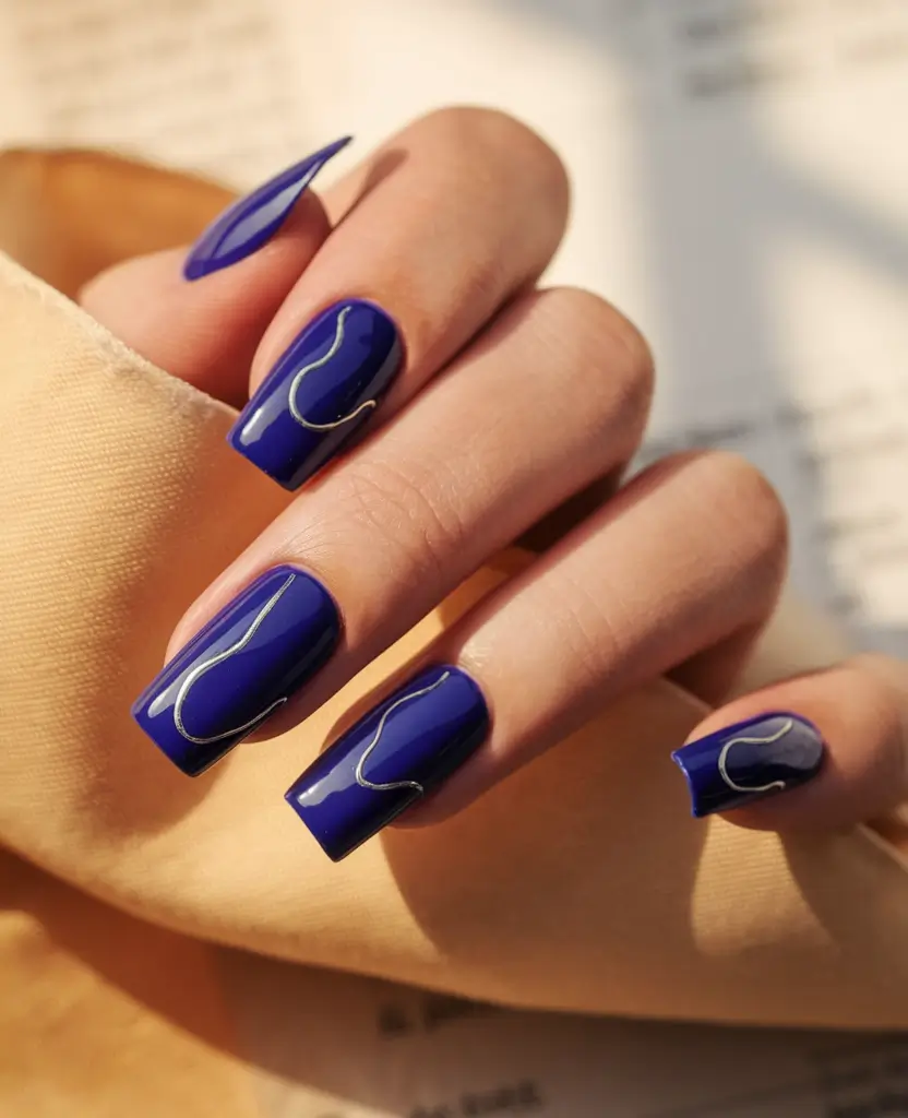 2025 Fall Nail Colors for Medium Skin Royal Blue with Silver Waves