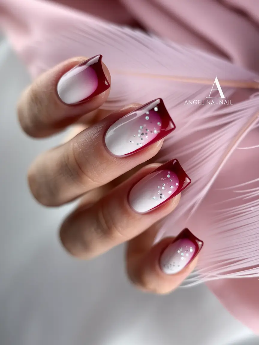 2025 Fall Nail Colors for Medium Skin Wine-Red Ombre with Crystal Accents