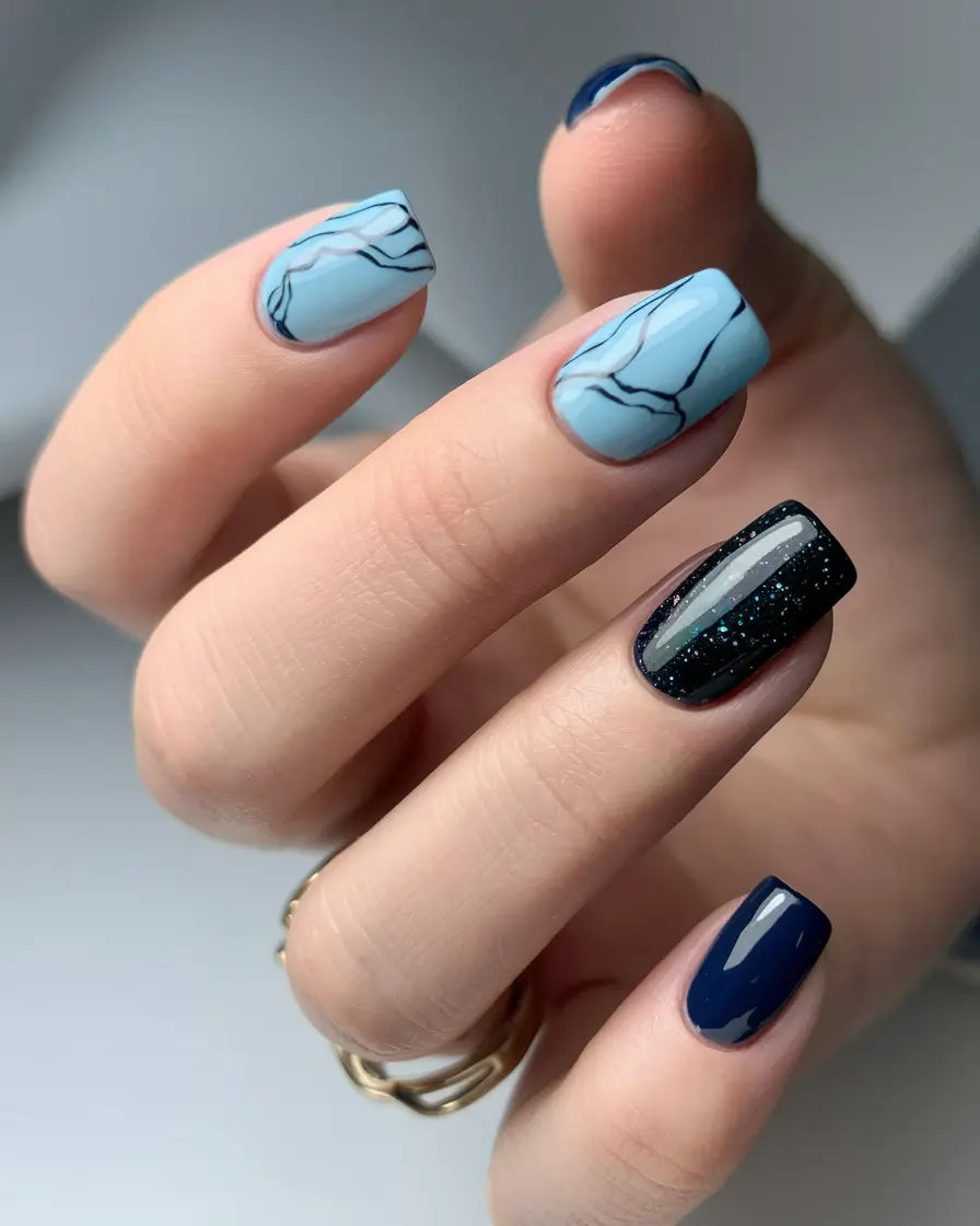 2025 Fall Nail Colors for Medium Skin Sky Marble and Starry Midnight Mix