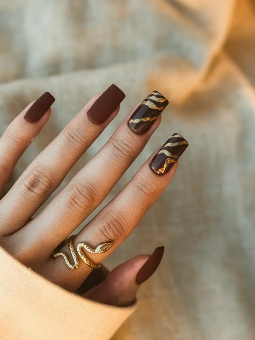 2025 Fall Nail Colors for Medium Skin Matte Mocha with Golden Waves