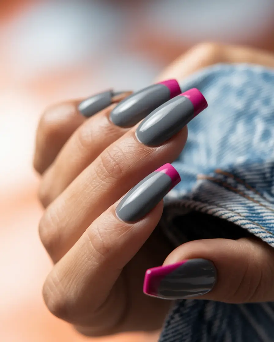 2025 Fall Nail Colors for Medium Skin Smoky Grey with Bold Pink Tips