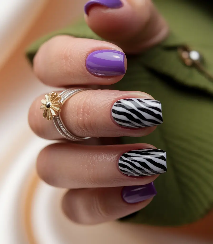 2025 Fall Nail Colors for Medium Skin Purple Pop with Zebra Accents