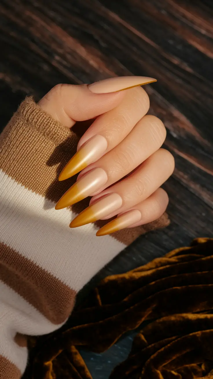 2025 Neutral Fall Nails Golden Ombre Almond Fade
