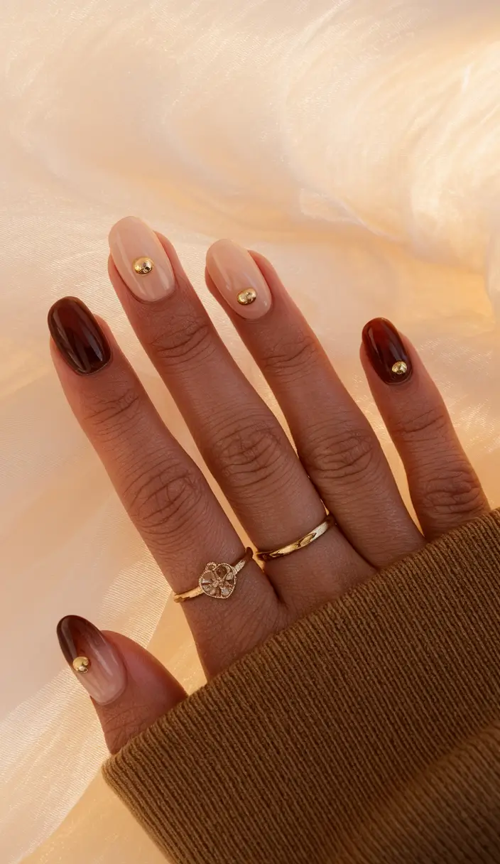 2025 Neutral Fall Nails Gold-Studded Neutrals