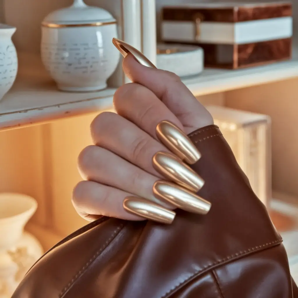 2025 Neutral Fall Nails Golden Chrome Luxury