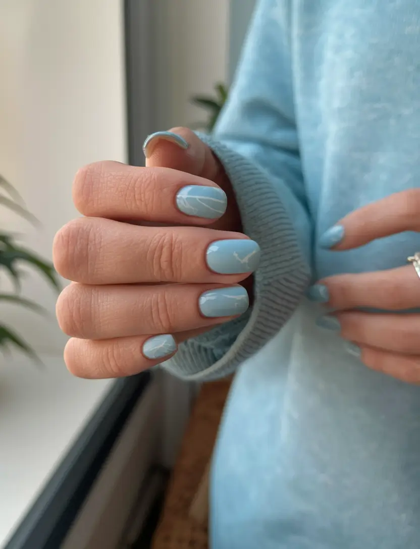 2025 Neutral Fall Nails Soft Blue with Marble Accents