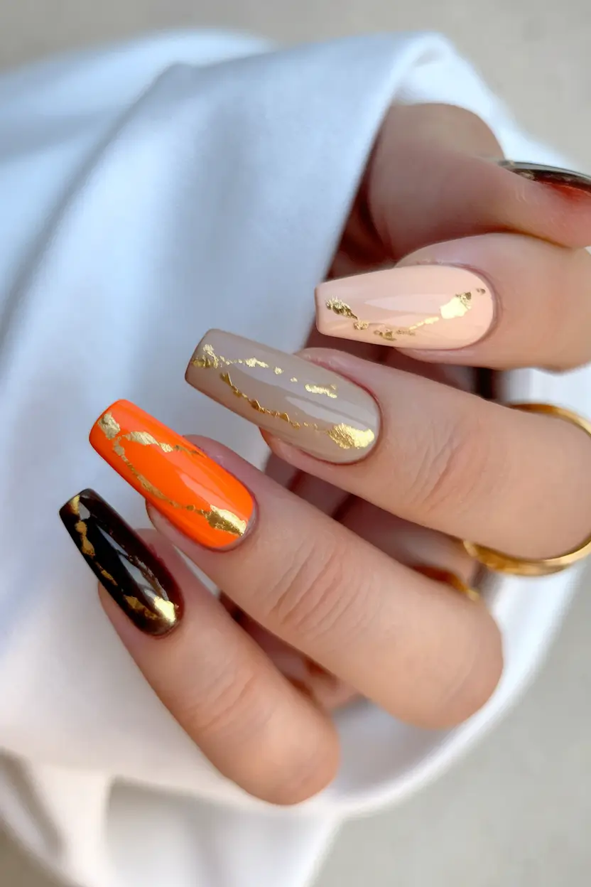 2025 Neutral Fall Nails Gold Foil and Autumn Shades