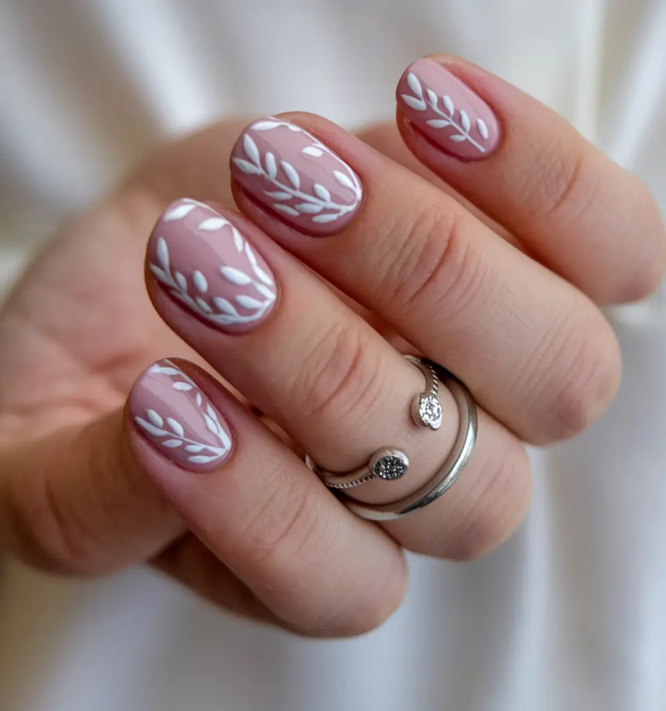 2025 Neutral Fall Nails Minimalist Leaf Art on Nude Base