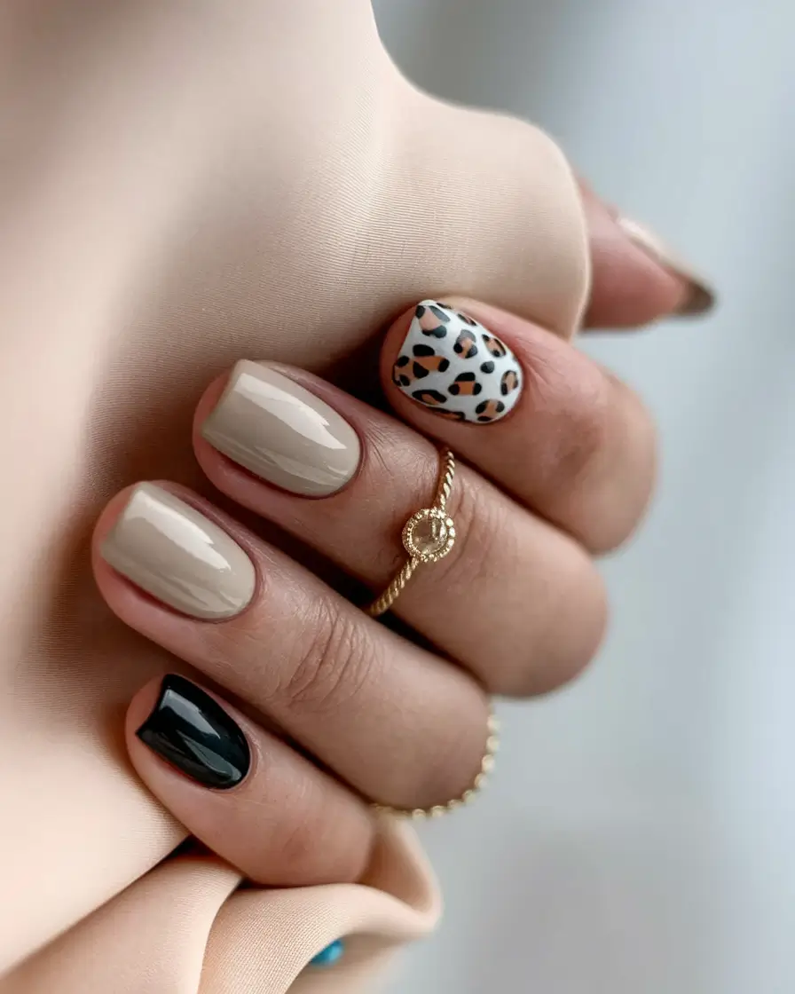 2025 Neutral Fall Nails Chic Neutrals with Leopard Accent
