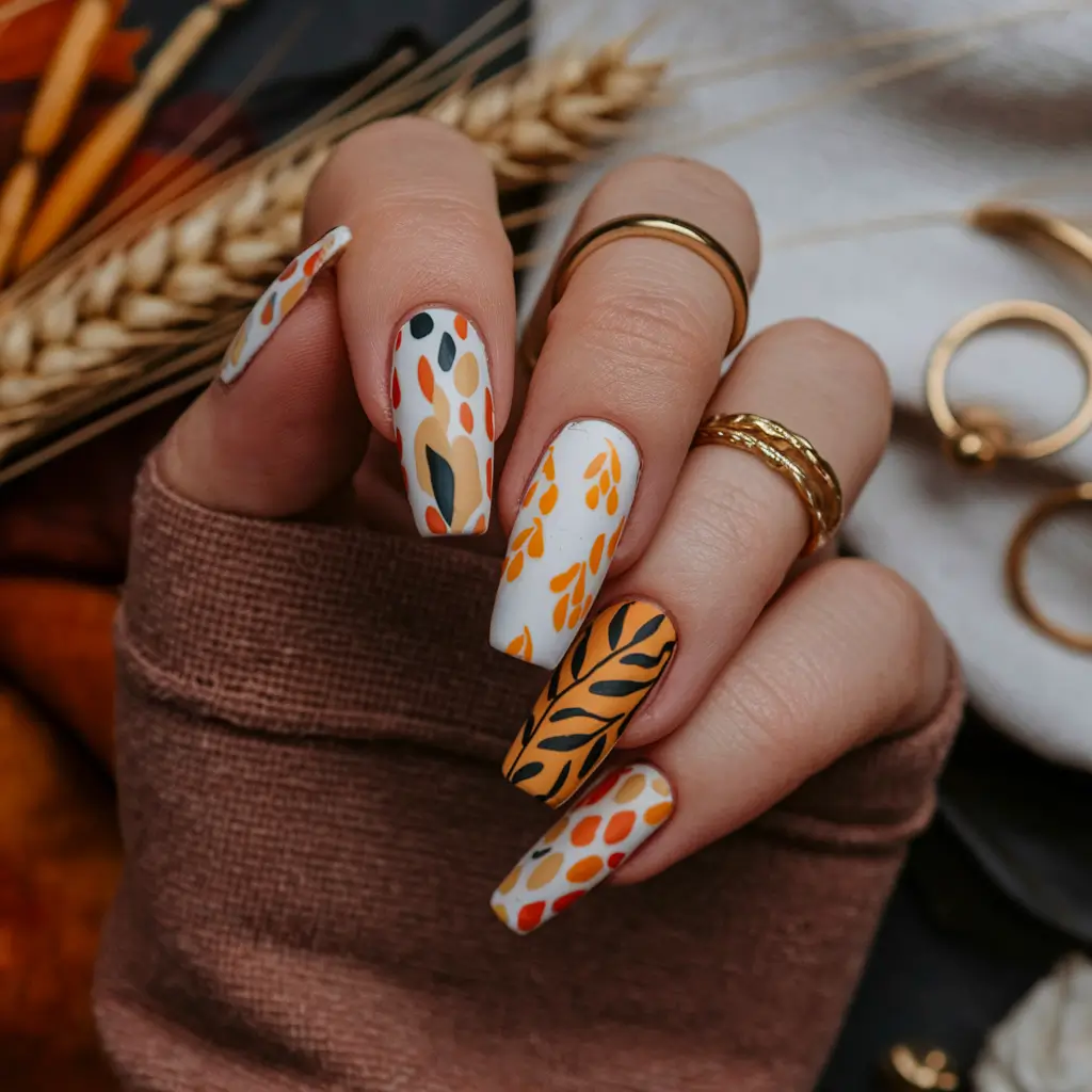 2025 Neutral Fall Nails Bold Autumn Leaf Art