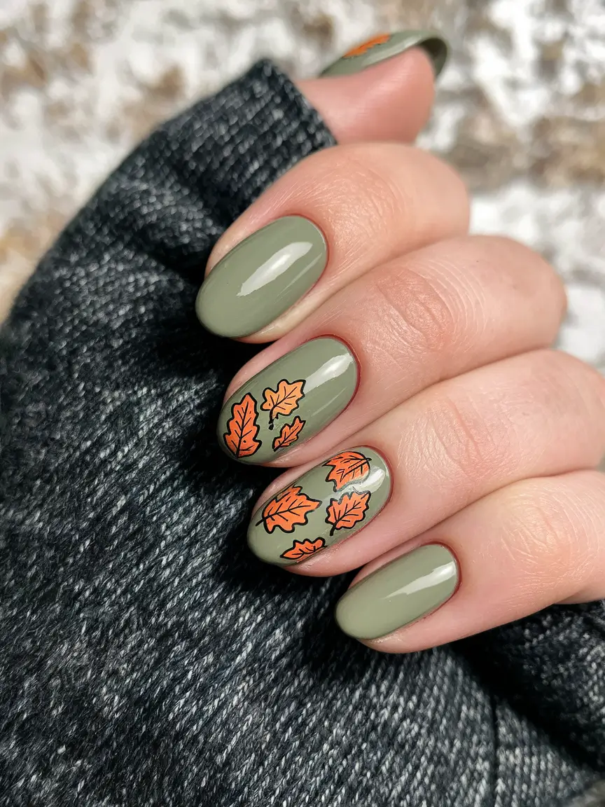 2025 Short Fall Nail Trends Olive Base with Falling Leaves
