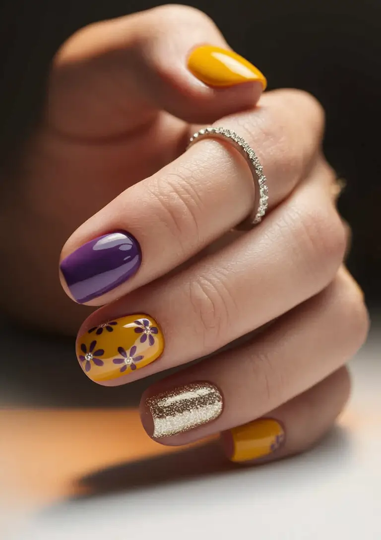 2025 Short Fall Nail Trends Golden Blossoms on Mustard & Plum